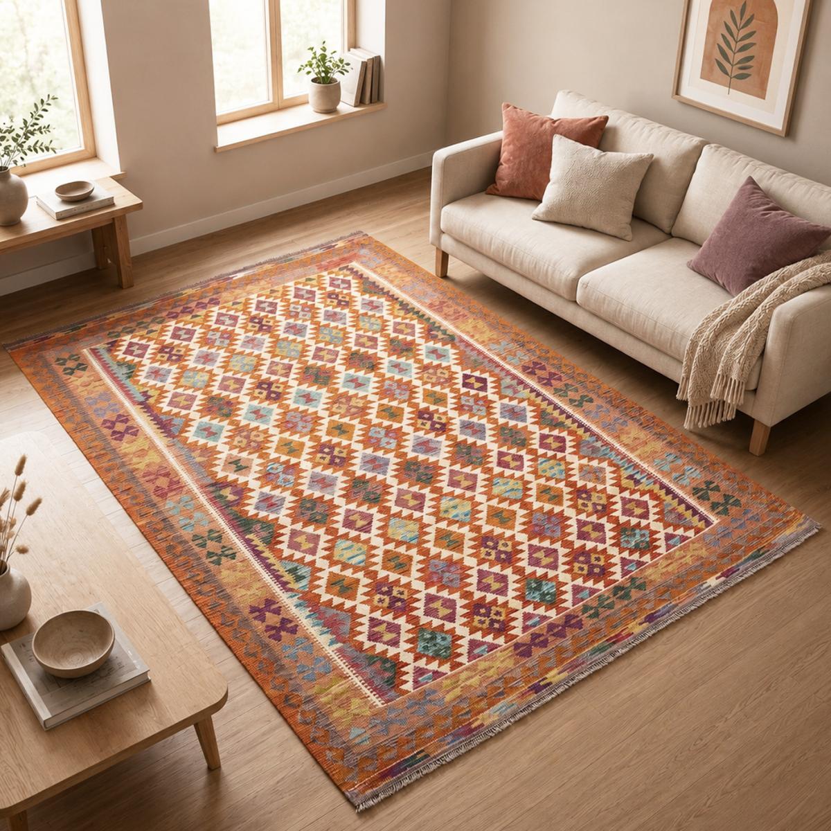 Tapis kilim géométrique, tissé plat authentique, laine, VUVU