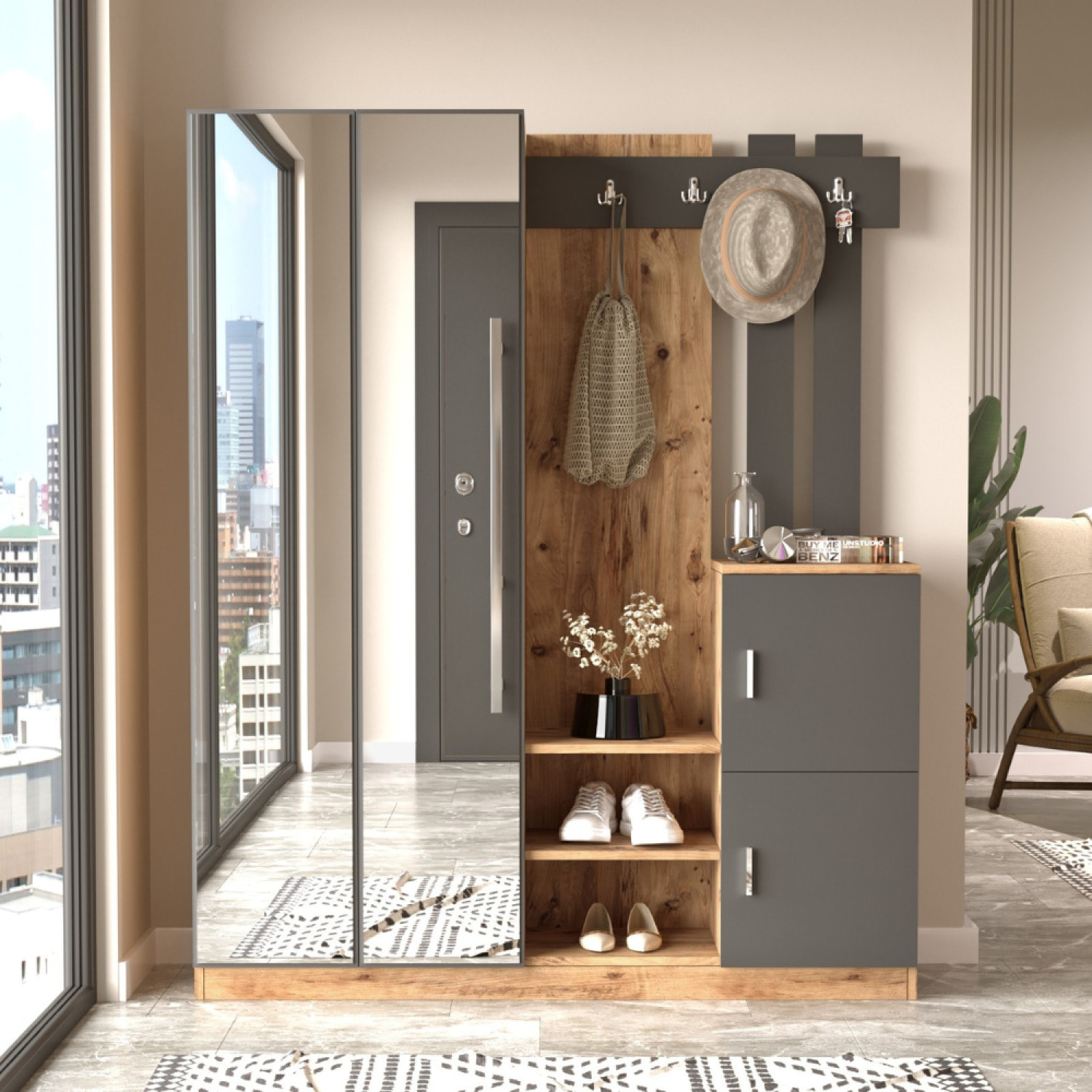 Meuble d'entrée design bois et gris avec miroir ELIOR