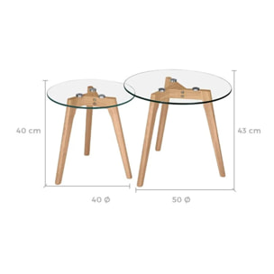 Tables basses rondes en verre et bois d'hévéa (lot de 2) - Vénus