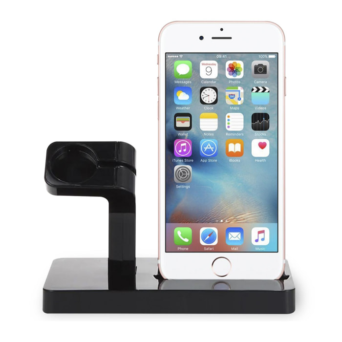 Base di ricarica per Apple iPhone, connessione Lightning a 8 pin e supporto di ricarica per Apple Watch.