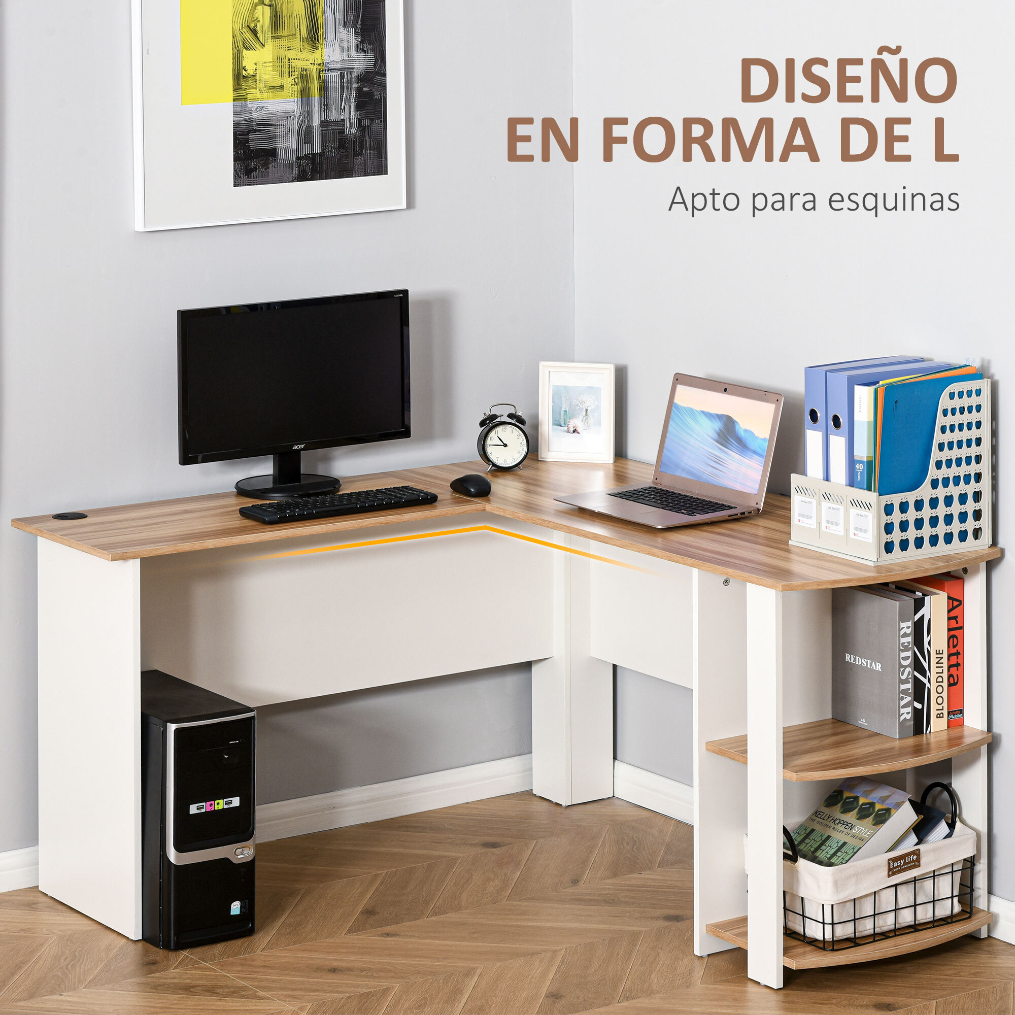 Mesa de PC Esquinera Forma L de Madera 136x130x72cm Blanco