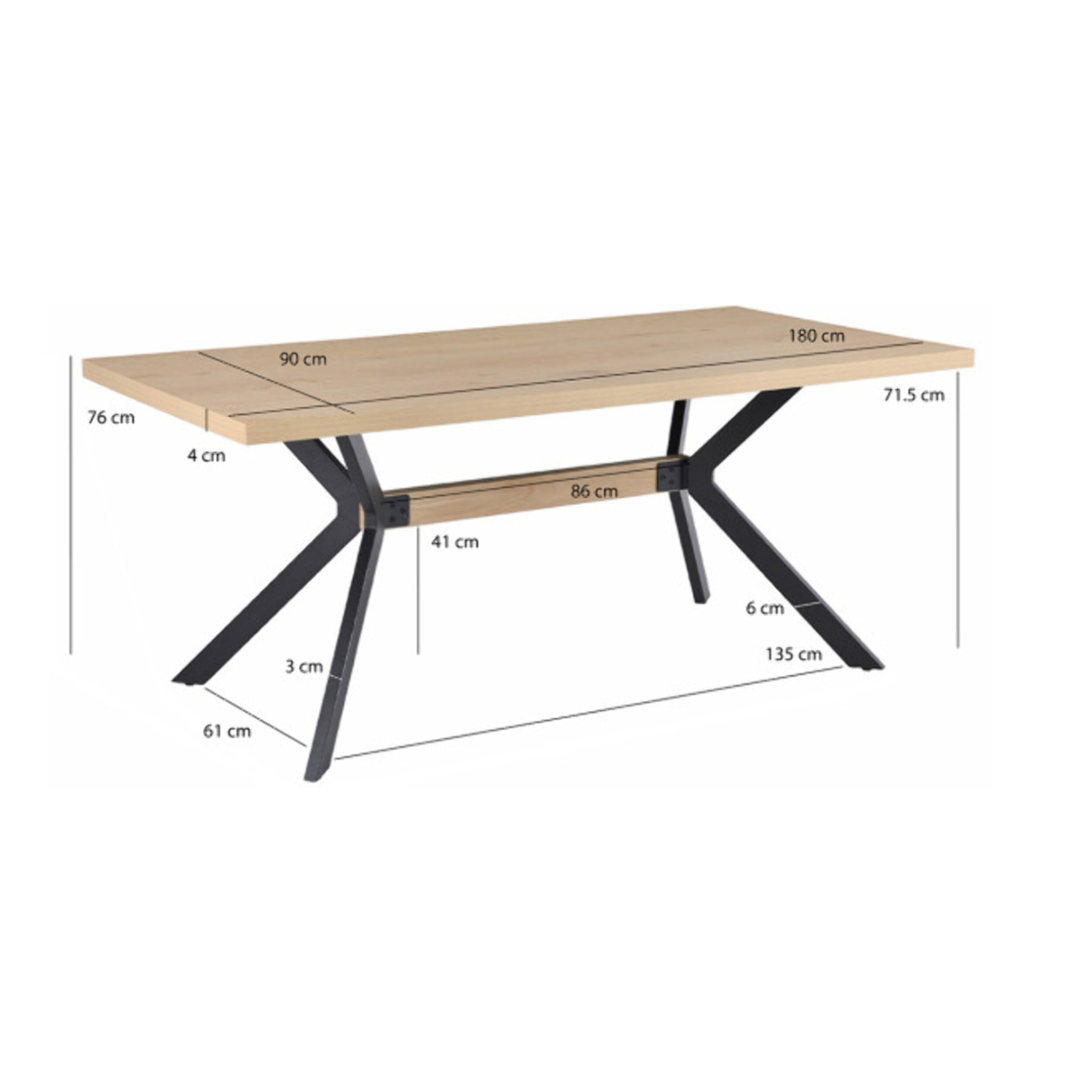 Table de Repas 90 x 180 cm Décor Chêne Clair et Métal Noir - ESTA
