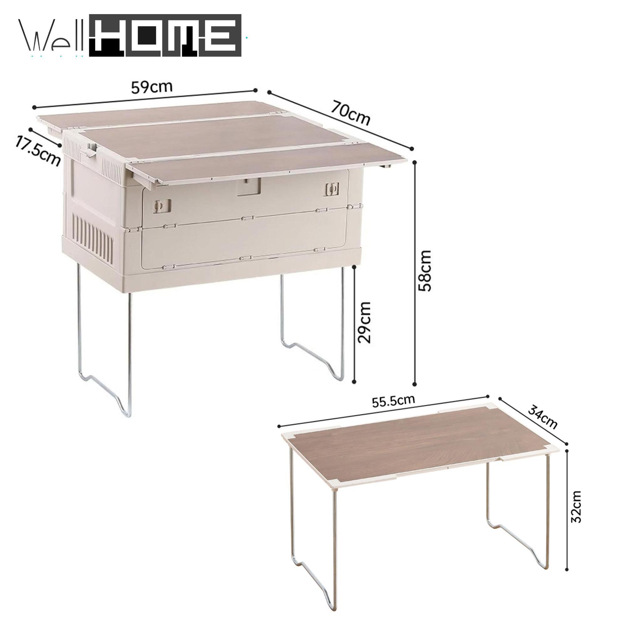 Caja de almacenaje para camping 3 en 1 con patas plegables Blanco 59,2x36,3x32,8cm