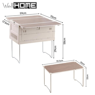 Caja de almacenaje para camping 3 en 1 con patas plegables Blanco 59,2x36,3x32,8cm