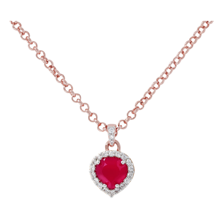 Collana Catena Rolo con Pendente in Calcedonio Fucsia e Pavé di Cubic Zirconia