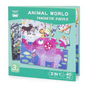 Puzle diseño Mundo Animal de 40 piezas magnético. Formato tipo libro, 2 puzzles de 20 piezas en 1.