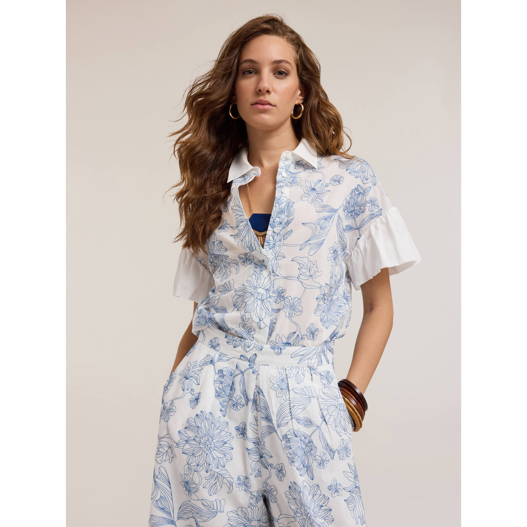 Motivi - Camicia in cotone con ricamo floreale - Azzurro