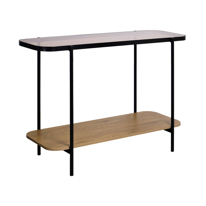 Console vintage en métal noir avec 2 plateaux (verre et décor bois). bords arrondis
