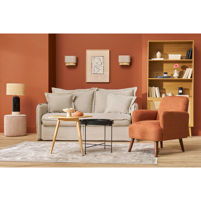 Fauteuil scandinave en tissu effet velours texturé bleu foncé et bois foncé ISKO