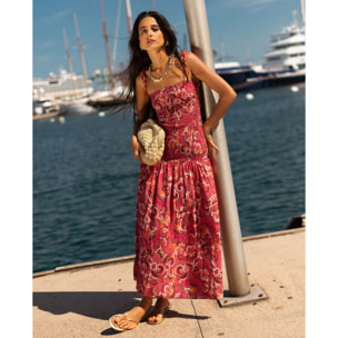 Vestido midi estampado con cuerpo fruncido y tirantes ajustables