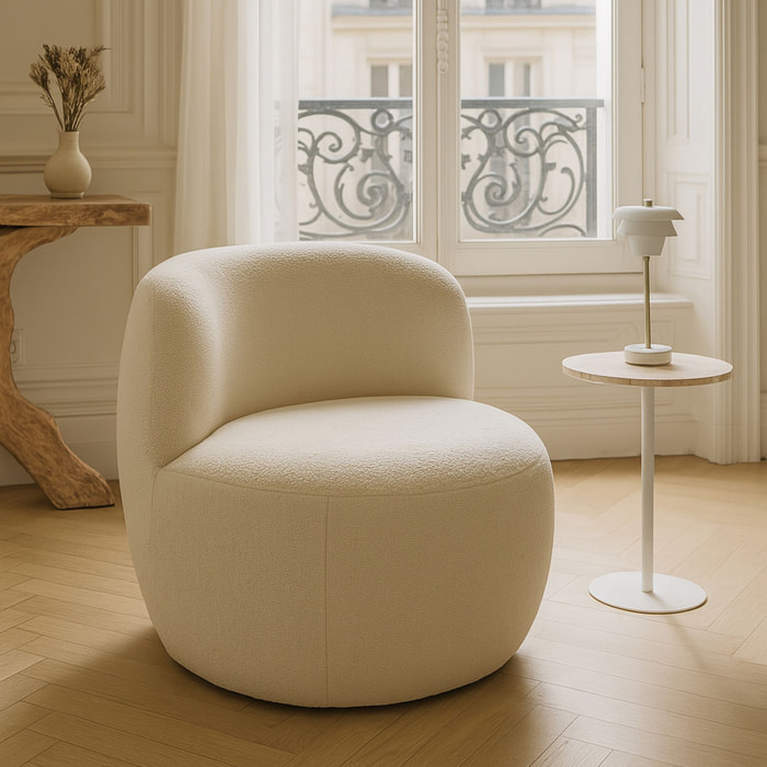 Fauteuil en tissu bouclette beige et structure en bois MALO
