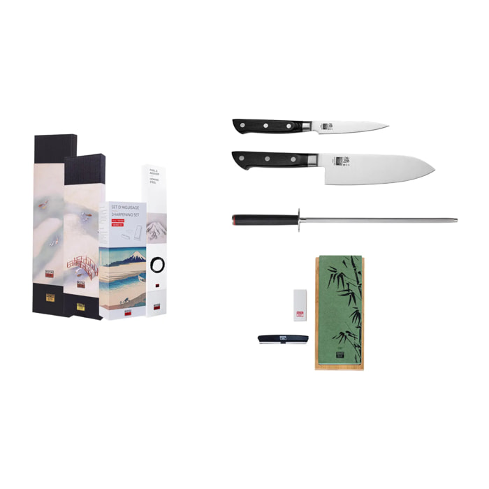 Le Set de Base Deluxe : 2 couteaux (office + santoku) + set d'aiguisage grain 180/800 + fusil à aiguiser