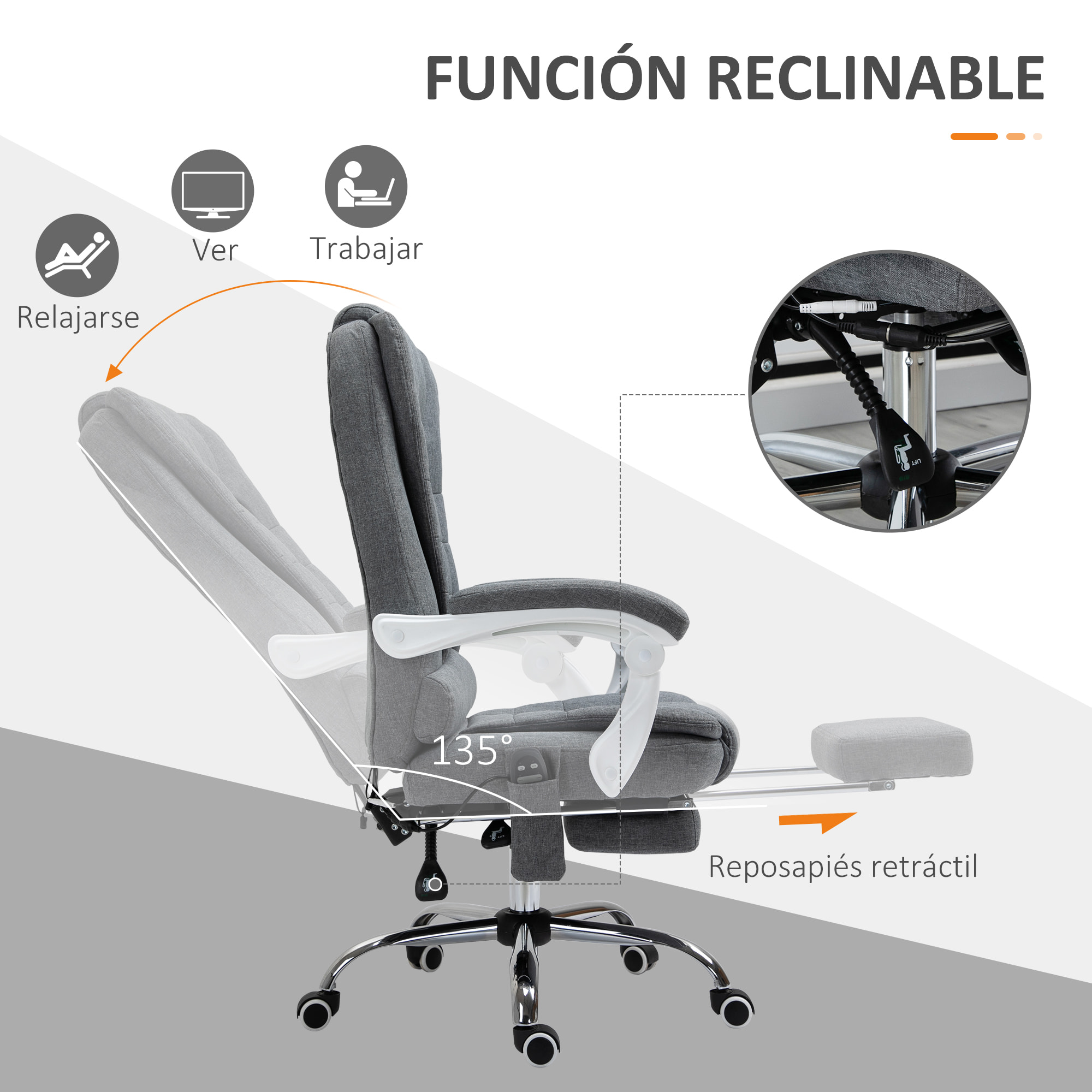 Silla de Masaje con 6 Puntos de Masaje Silla de Oficina Silla de Escritorio Reclinable con Altura Ajustable Función de Calentamiento Reposapiés y Control Remoto 65x70x111-119 cm Gris