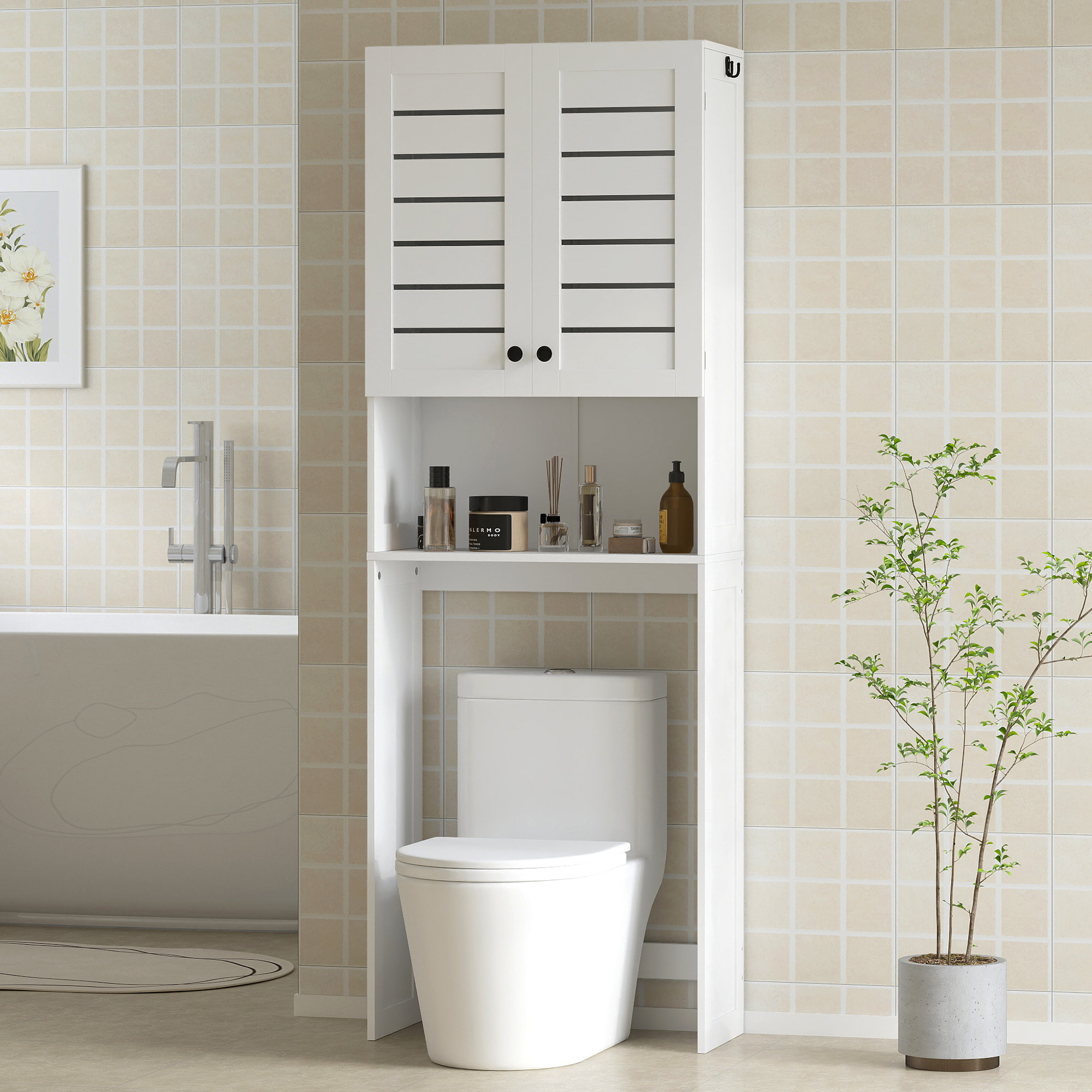 Meuble WC meuble dessus toilettes style classique chic 2 portes étagère niche blanc