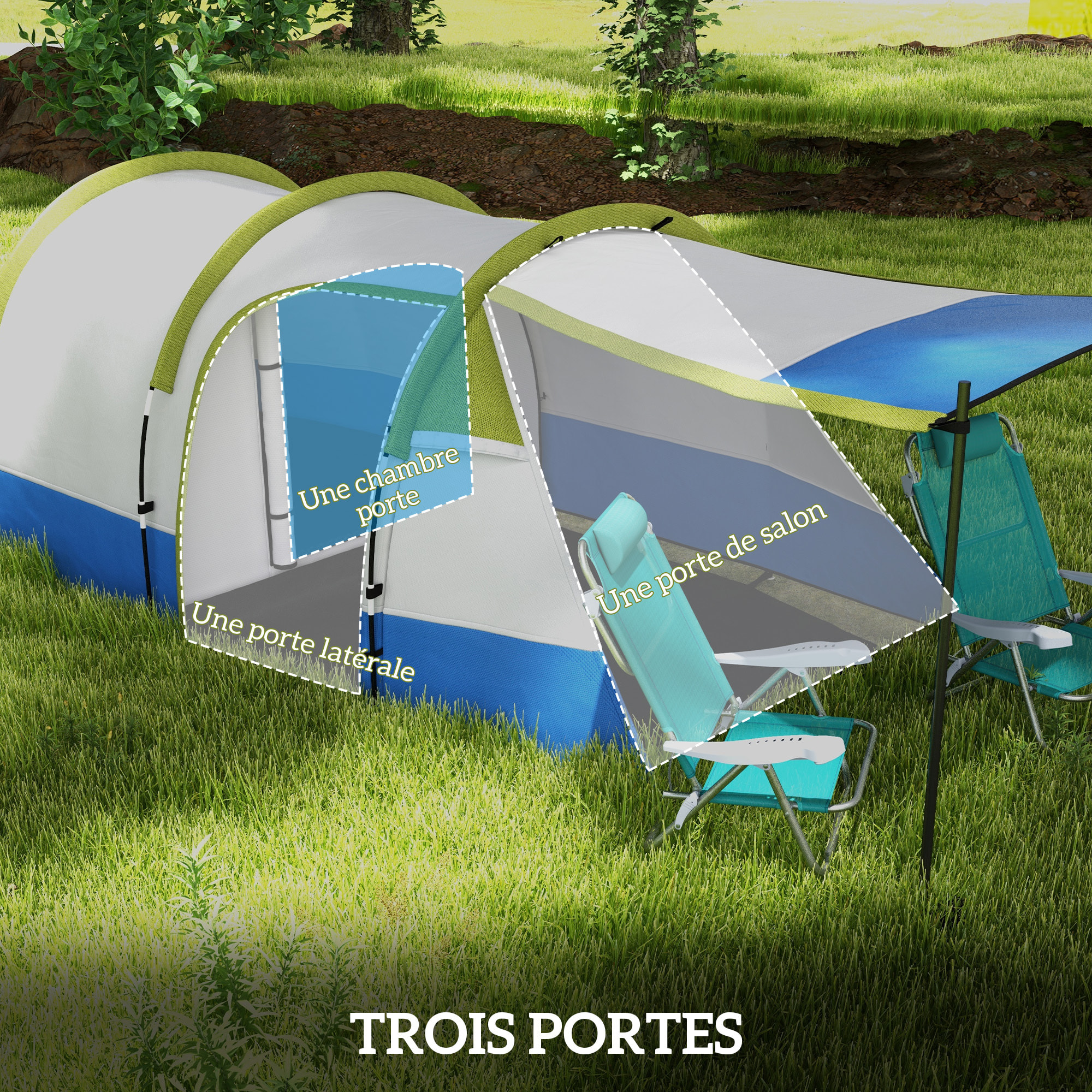Tente de camping 2-3 pers. porche étanche 2000 mm 3 portes sac de transport vert