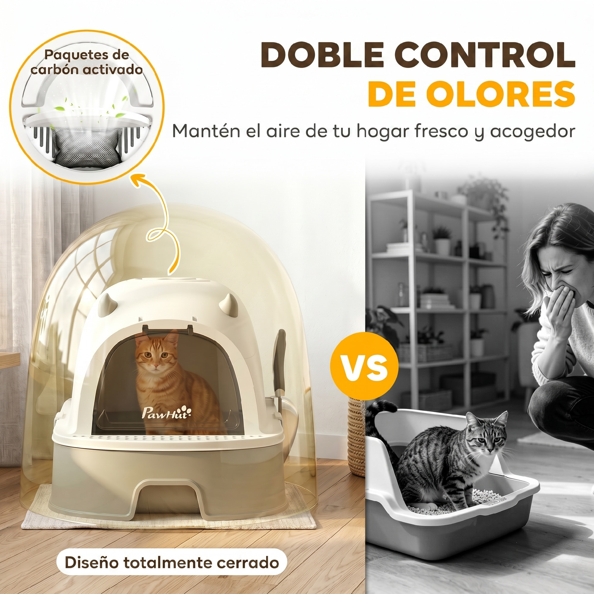 Arenero para Gatos, L, Caja de Arena para Gatos con Tapa Extraíble y Bandeja de Acero Inoxidable Extraíble, Pala, Filtros de Carbón, Fácil de Limpiar, Antifugas, Control de Olores, Gris