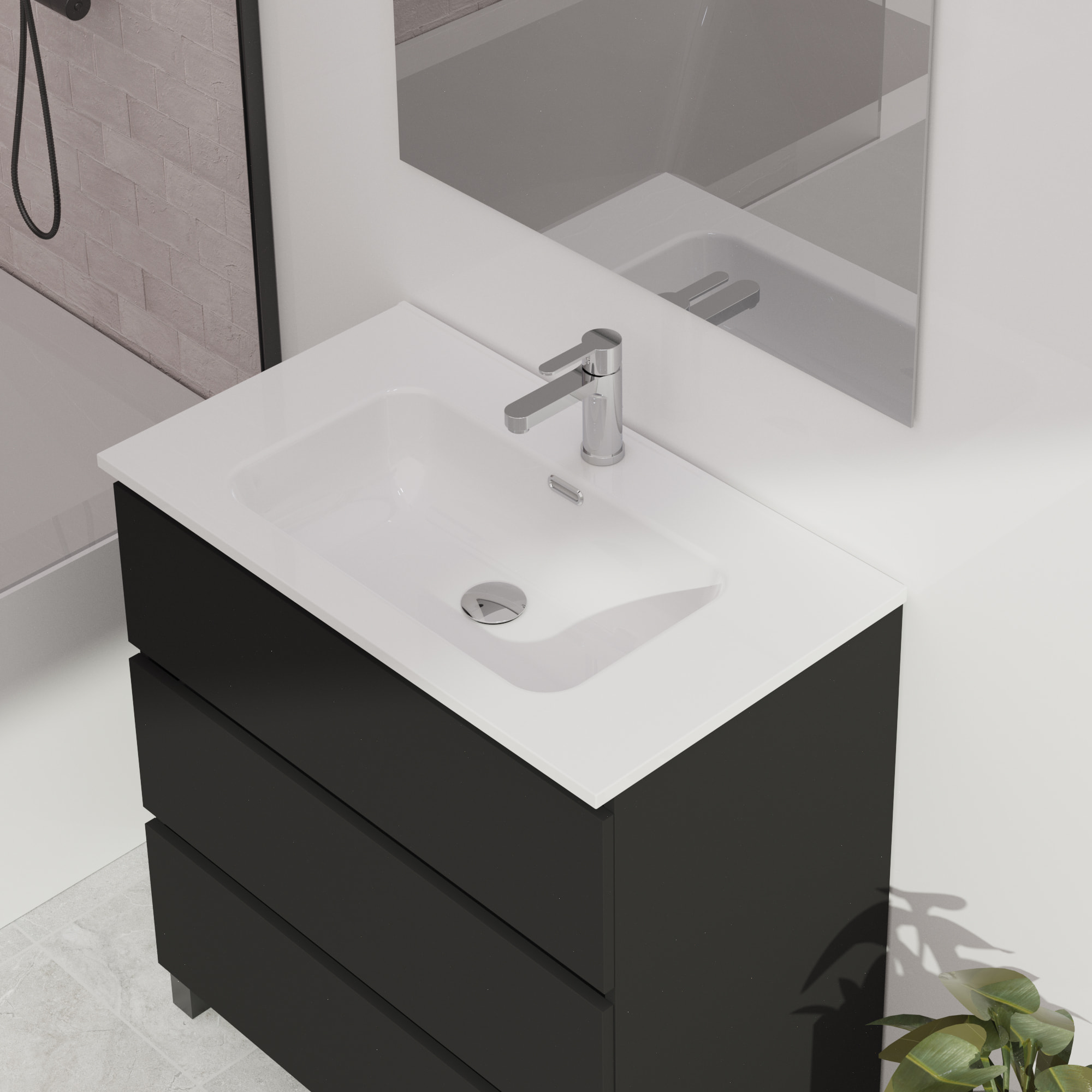 Conjunto de baño Wink | 90 cm Negro Mate | Tres cajones | Lavabo encastrado | No incluye espejo | Mueble montado | Alday