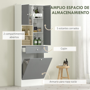 Armario de Baño con Cesto Ropa Sucia Armario Alto de Baño Estrecha con Espejo Cajón Compartimentos Abiertos y Estantes Ajustables 62x28,3x181 cm Blanco y Gris
