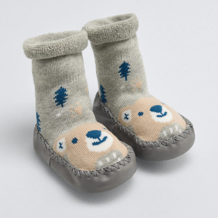 Calzino termico a pantofola per neonato con suola antiscivolo a forma di orso