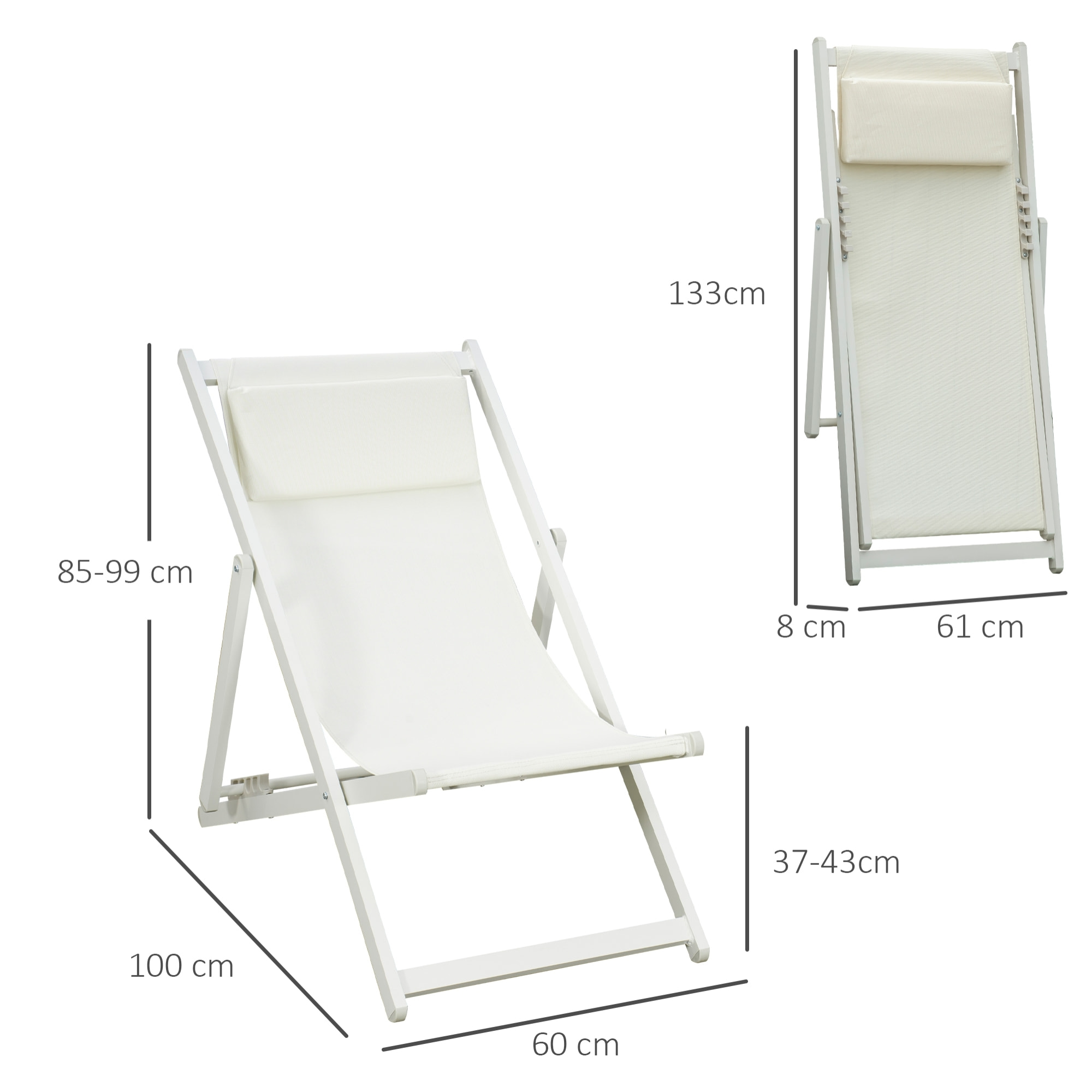 Conjunto de 2 Tumbonas Plegables de Aluminio Tumbonas de Jardín con Respaldo Regulable en 5 Posiciones y Reposacabezas para Terraza Patio Exterior 60x100x85 cm Blanco