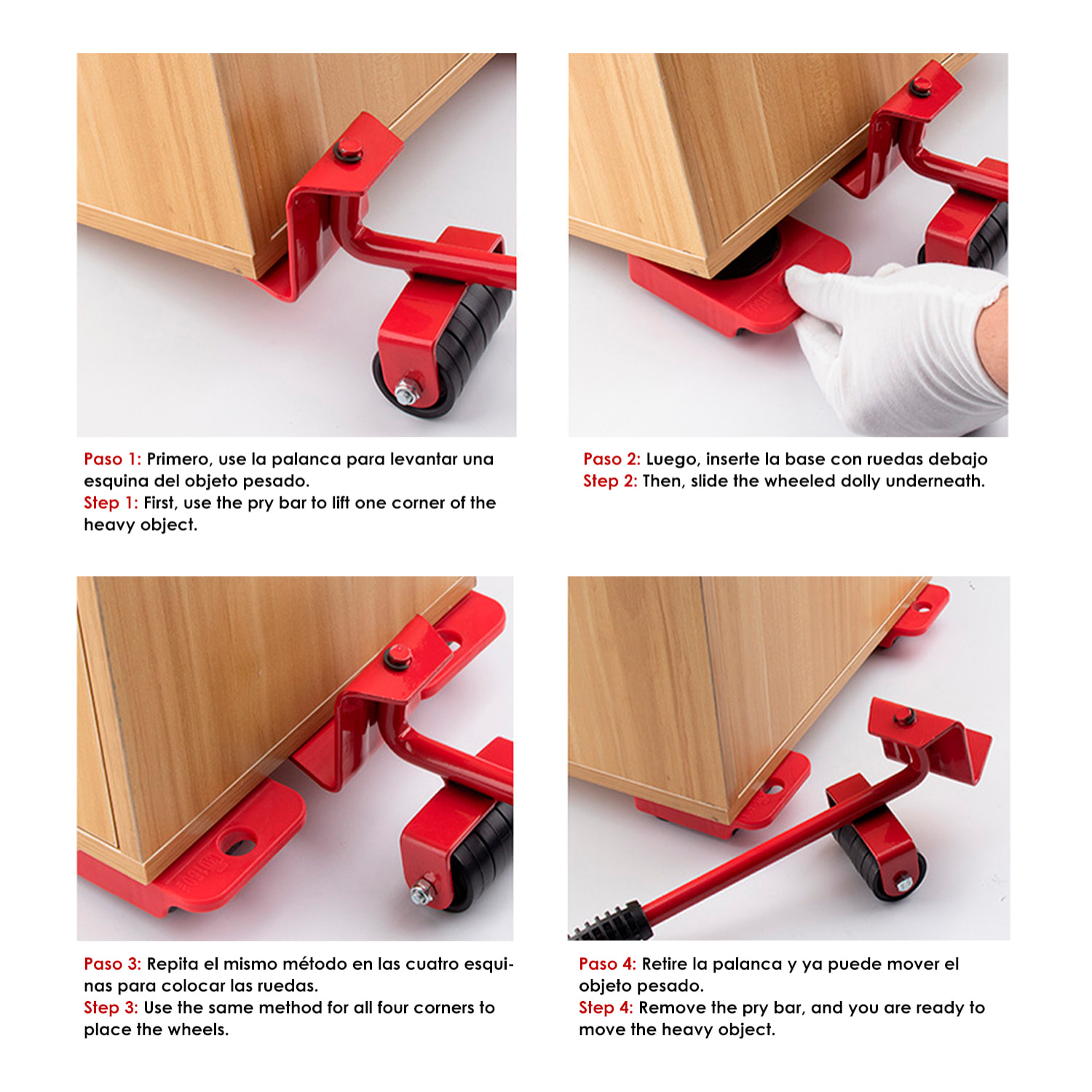 Juego de rodillos para transporte y traslado de muebles de hasta 150kg.