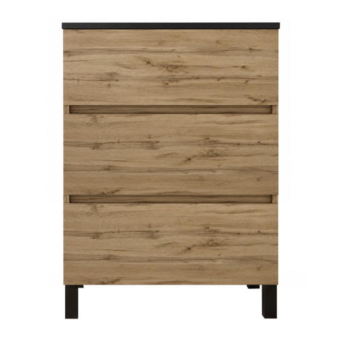 Pack Meuble Salle de Bains 50cm Chêne Naturel 3 Tiroirs avec Vasque Céramique Noire - TIMBER