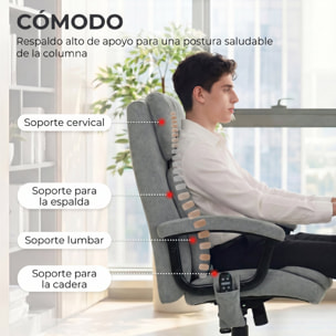 Silla de Oficina con Masaje de Amasamiento de 4 Puntos, Silla de Escritorio con Respaldo Alto, Altura Ajustable, Asiento Amplio, Cojín Lumbar, Basculante, Tapizada en Terciopelo, Gris