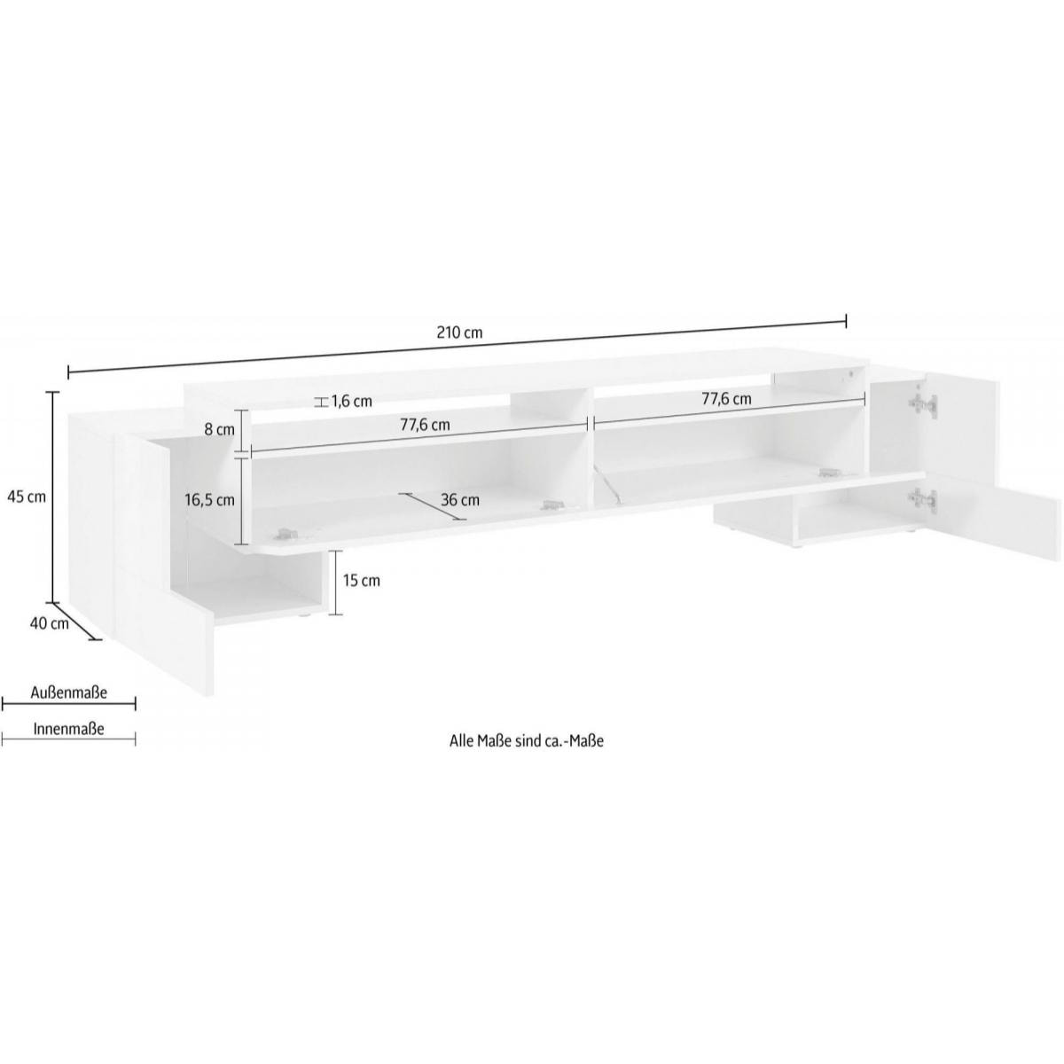 Mobile da soggiorno Porta TV, Made in Italy, Supporto per TV da salotto a 3 ante e ripiani, cm 210x45h45, colore Bianco lucido e Acero