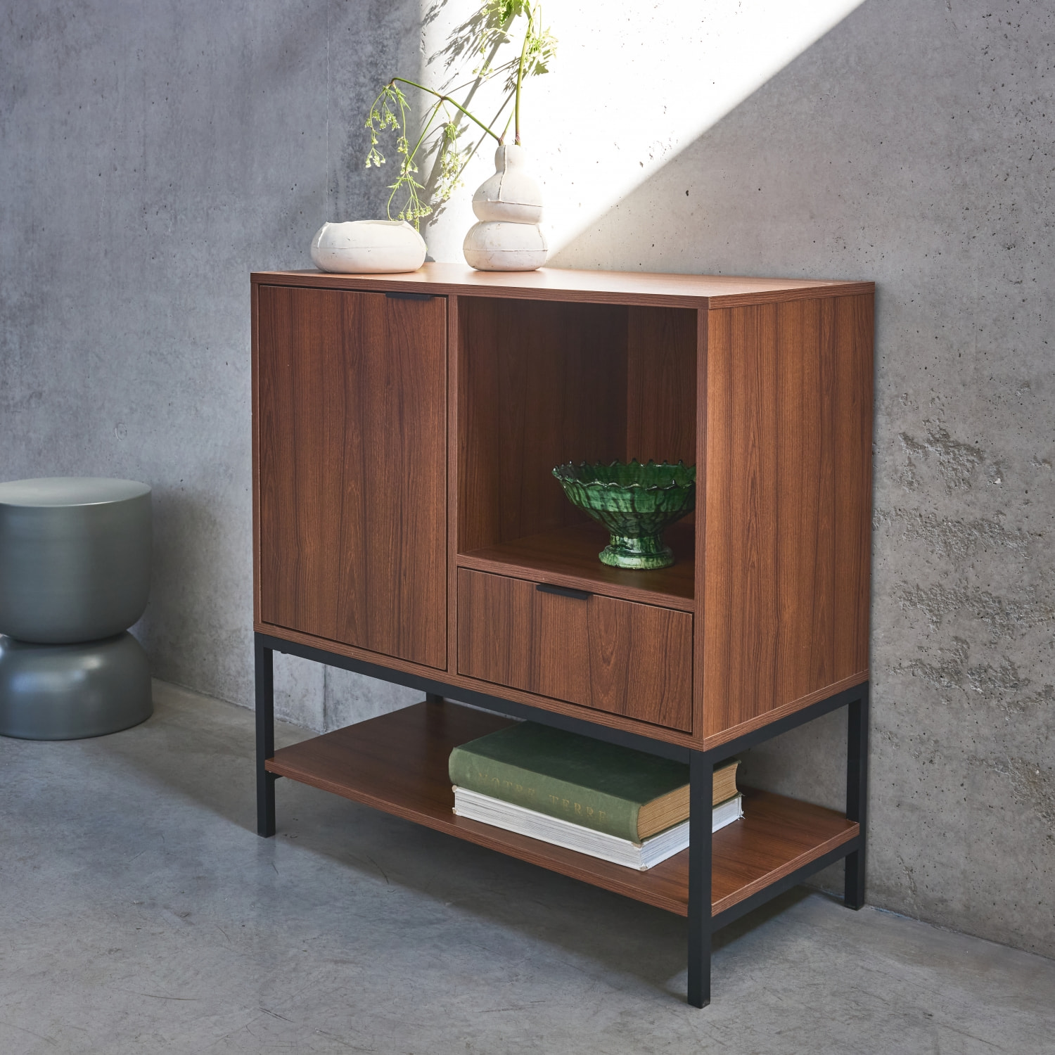 Buffet décor bois de noyer 1 porte 80cm WALNUT