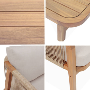 Salon de jardin en bois et cordes. acacia. coussins beige. 5 places