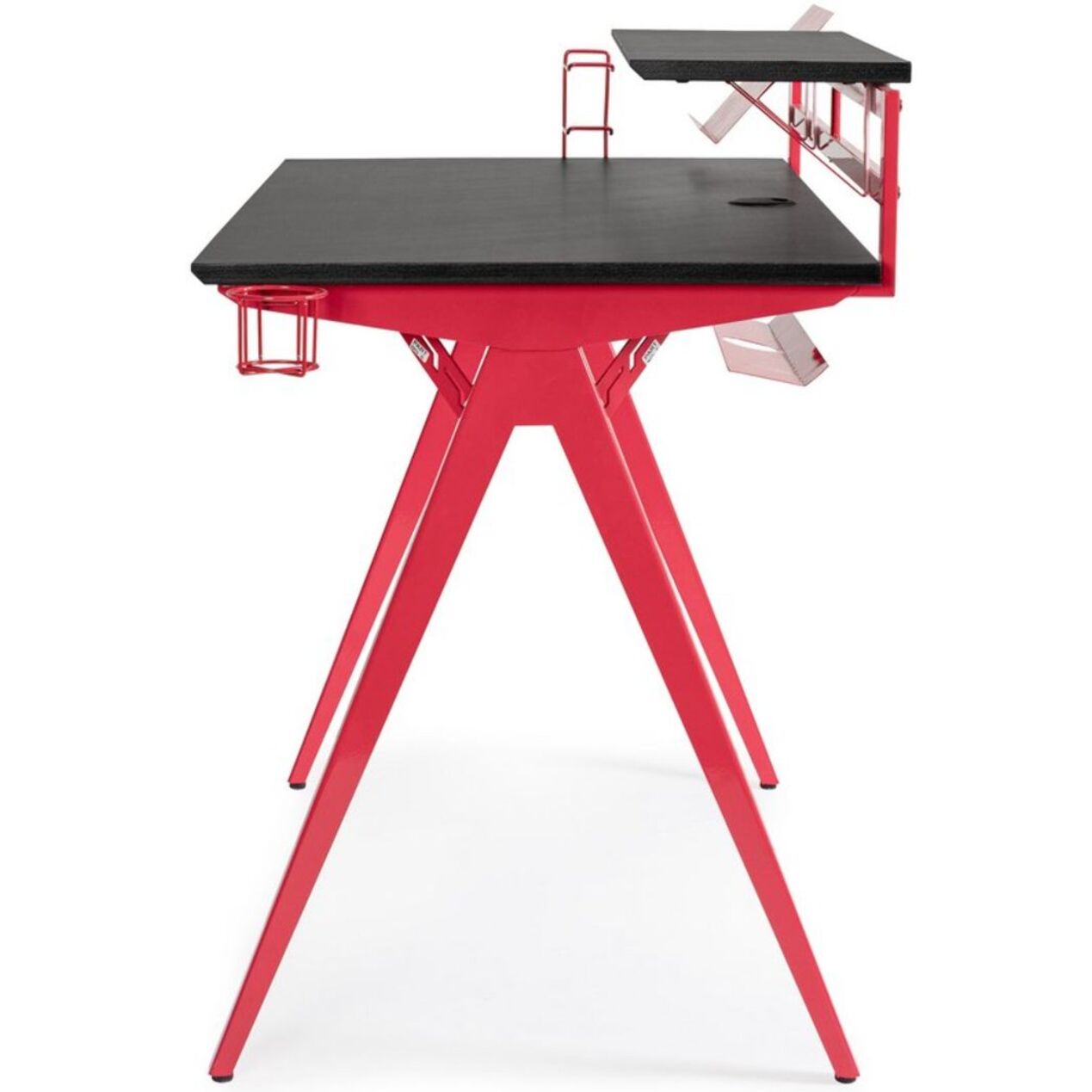 Scrivania GAMING in legno e pvc nero con base acciaio rosso, 135,5 x 60 cm