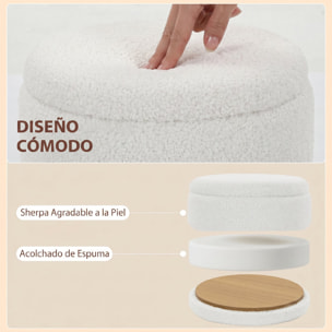 HOMCOM Puff Almacenaje, Banco Almacenaje, 33 L, Ø36,5x46,5 cm, Tapizado en Borreguito, Baúl de Almacenamiento Redondo con Tapa, Carga 120 kg, Taburete para Salón, Dormitorio o Recibidor, Blanco