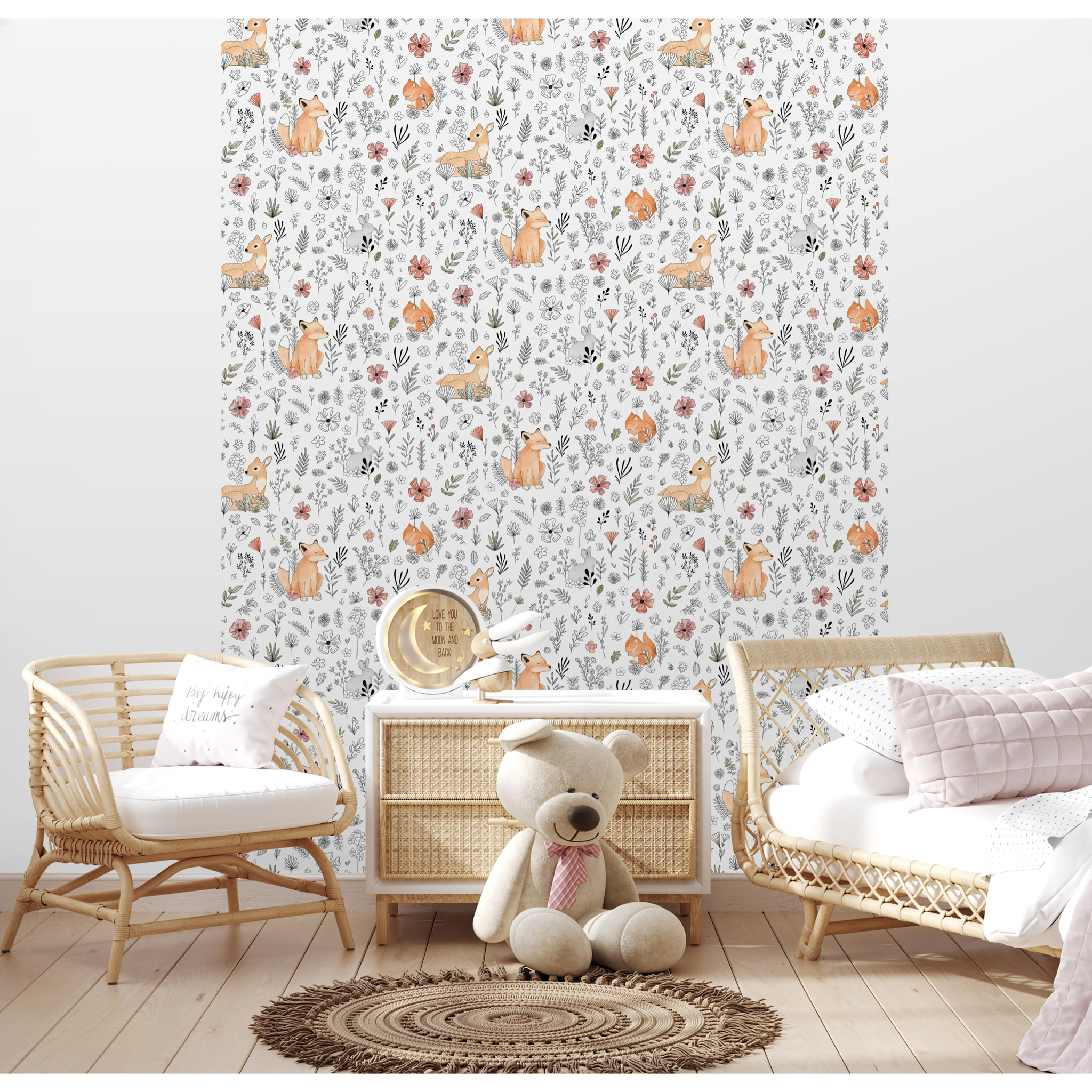 Papier peint enfant renard biche fleurs fond blanc