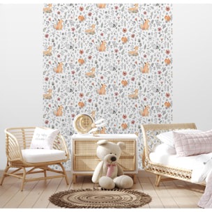 Papier peint enfant renard biche fleurs fond blanc