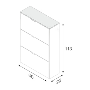 Scarpiera Escondido, Armadio portascarpe a 3 ante a ribalta, Mobile doppia capienza per max 18 paia di scarpe, cm 70x17h180, Rovere e Bianco lucido