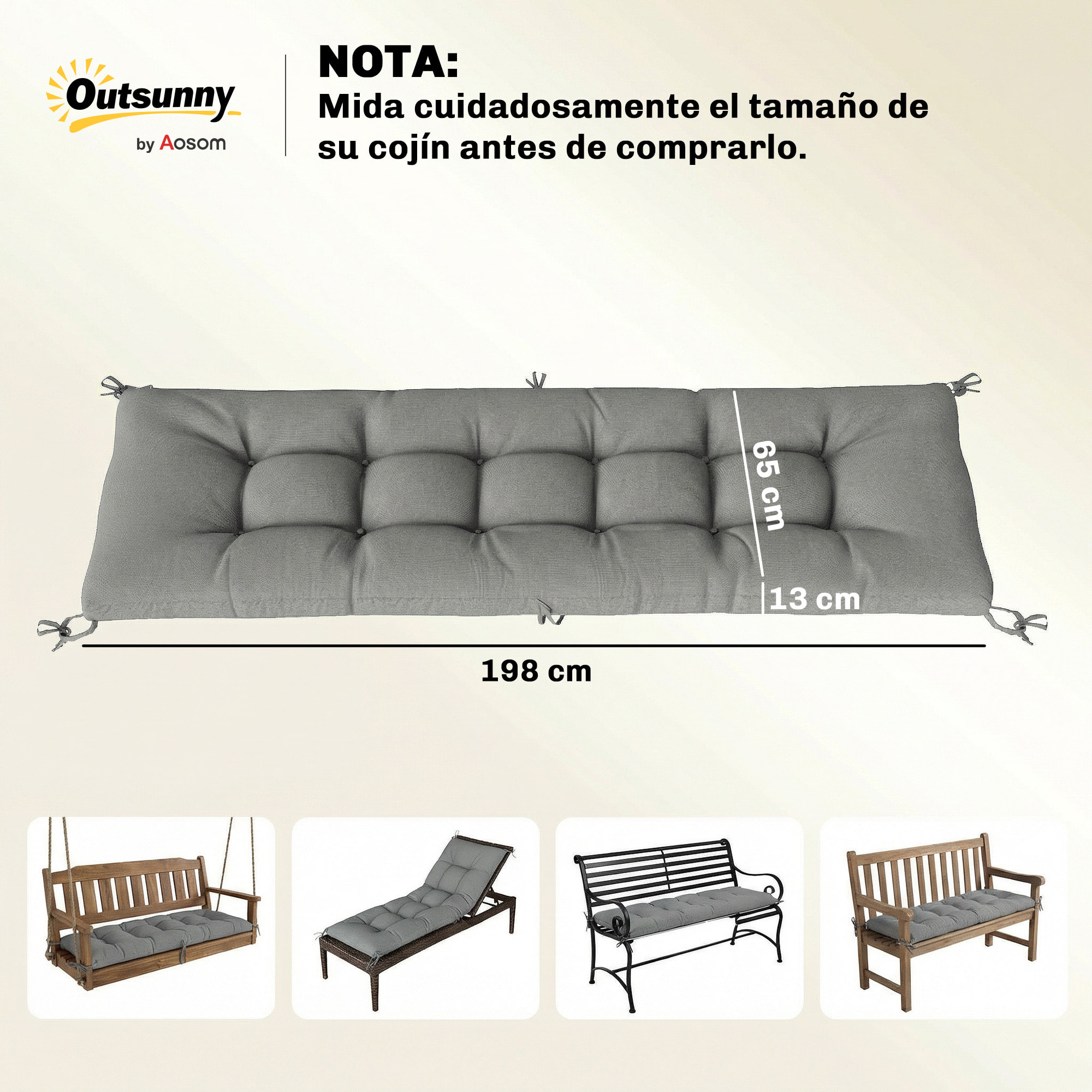 Cojín para Banco Exterior, Cojín para Banco y Tumbona de Jardín con Correas de Sujeción, Protección UV50+, Rebote Lento, para Interior y Exterior, 198x65x13 cm, Gris Claro