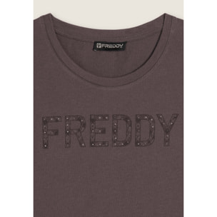 T-shirt con logo frontale in borchie