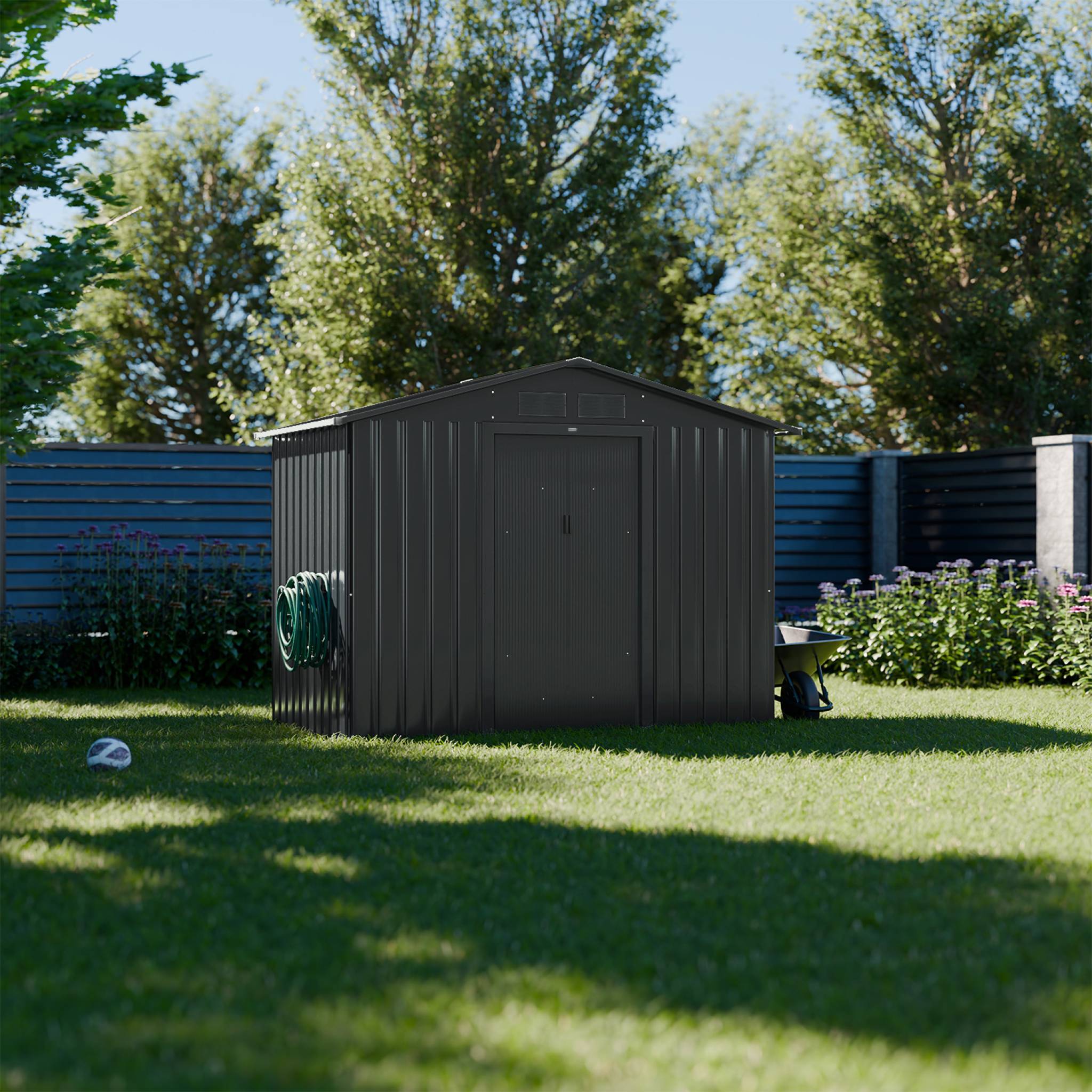 Abri de jardin en métal - Houtland. 2.71 m² anthracite - Cabane à outils avec double portes coulissantes. kit de fixation sol inclus. L 213 x P 131 x H 185cm