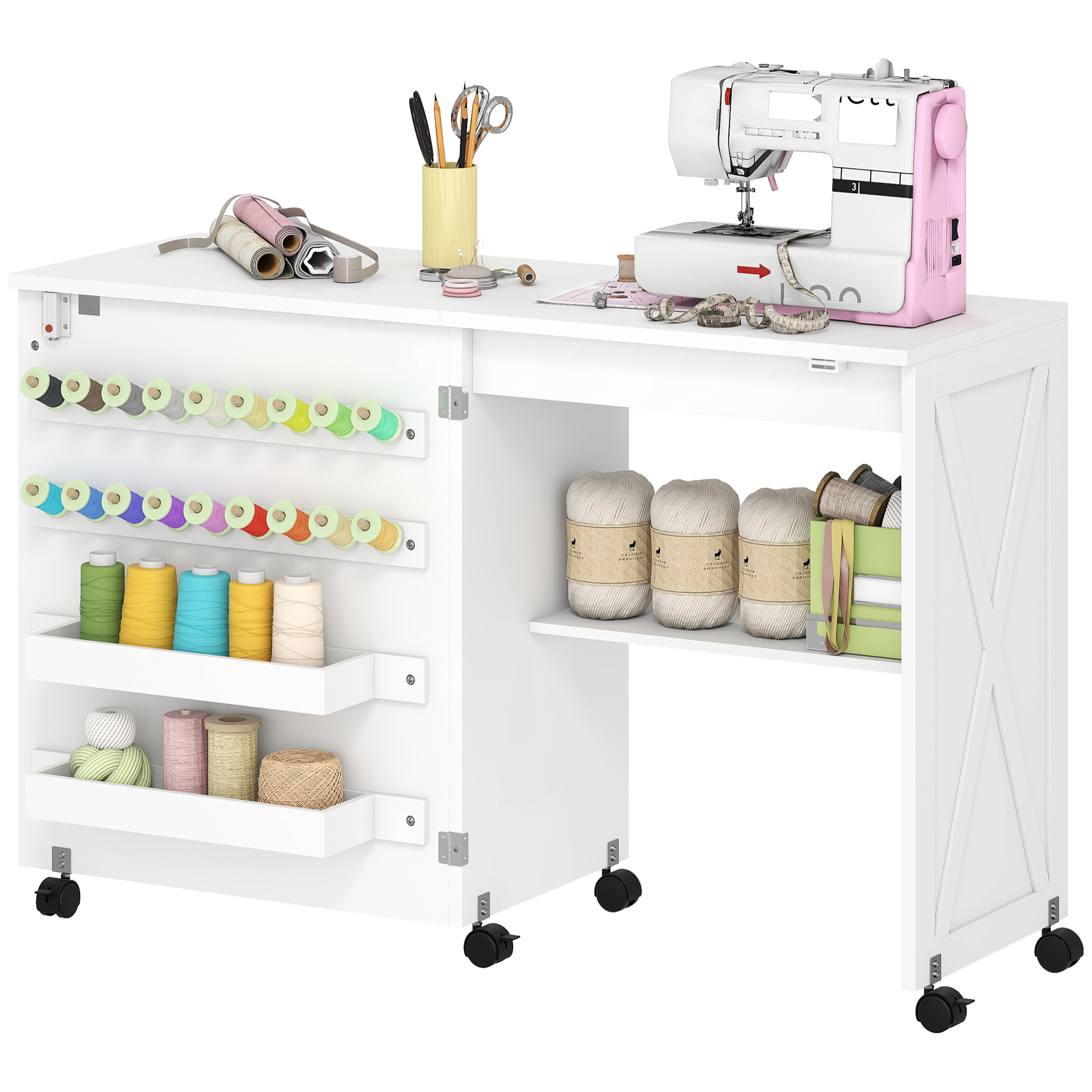 Table de couture pliable mobile 2 bacs 18 porte-bobines étagère blanc