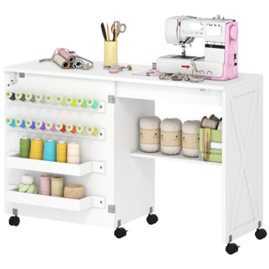 Table de couture pliable mobile 2 bacs 18 porte-bobines étagère blanc