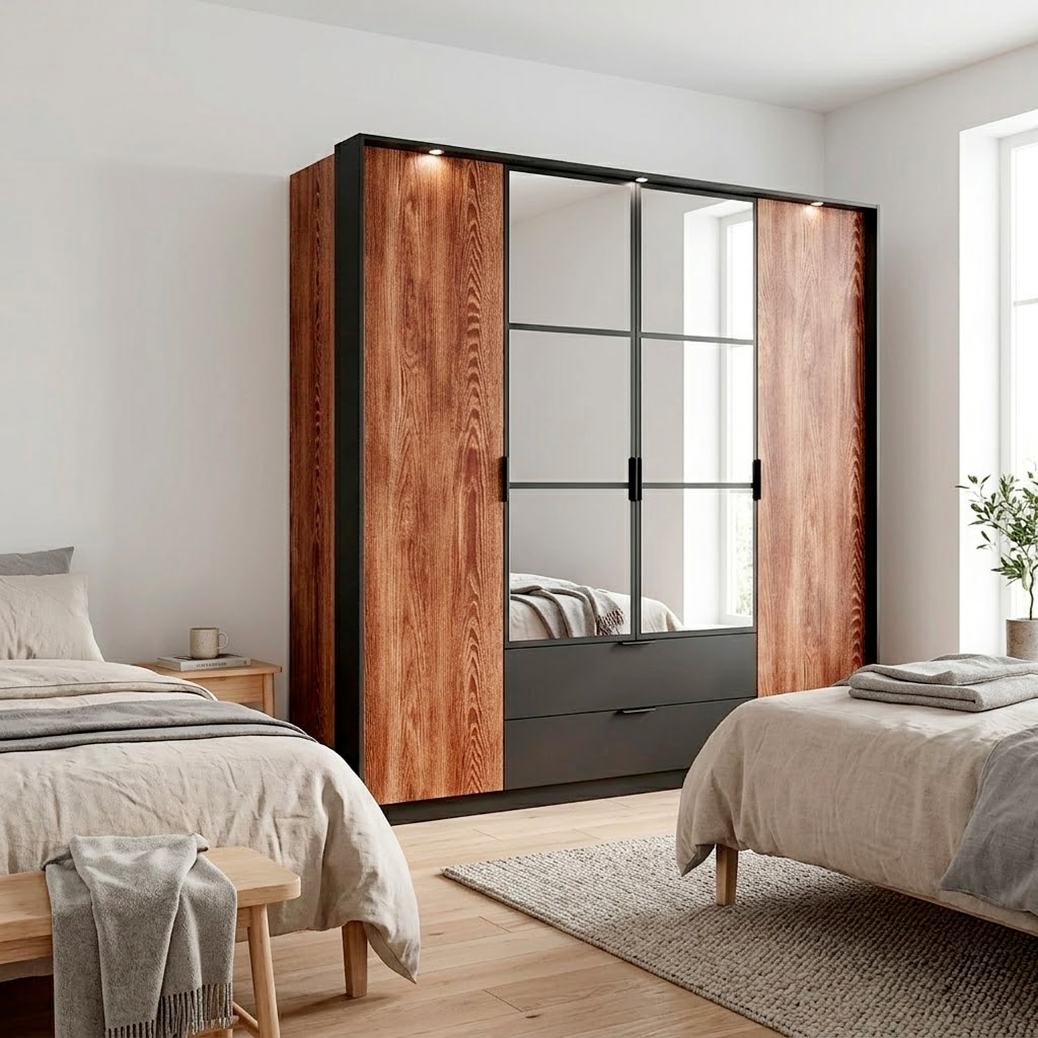Armadio Guardaroba 4 Ante Con Specchi E 2 Cassetti Per Camera Da Letto 9 Ripiani E Tubo Appendiabiti Moderno 223.2 x 210 x 59 Cm Castagno E Antracite