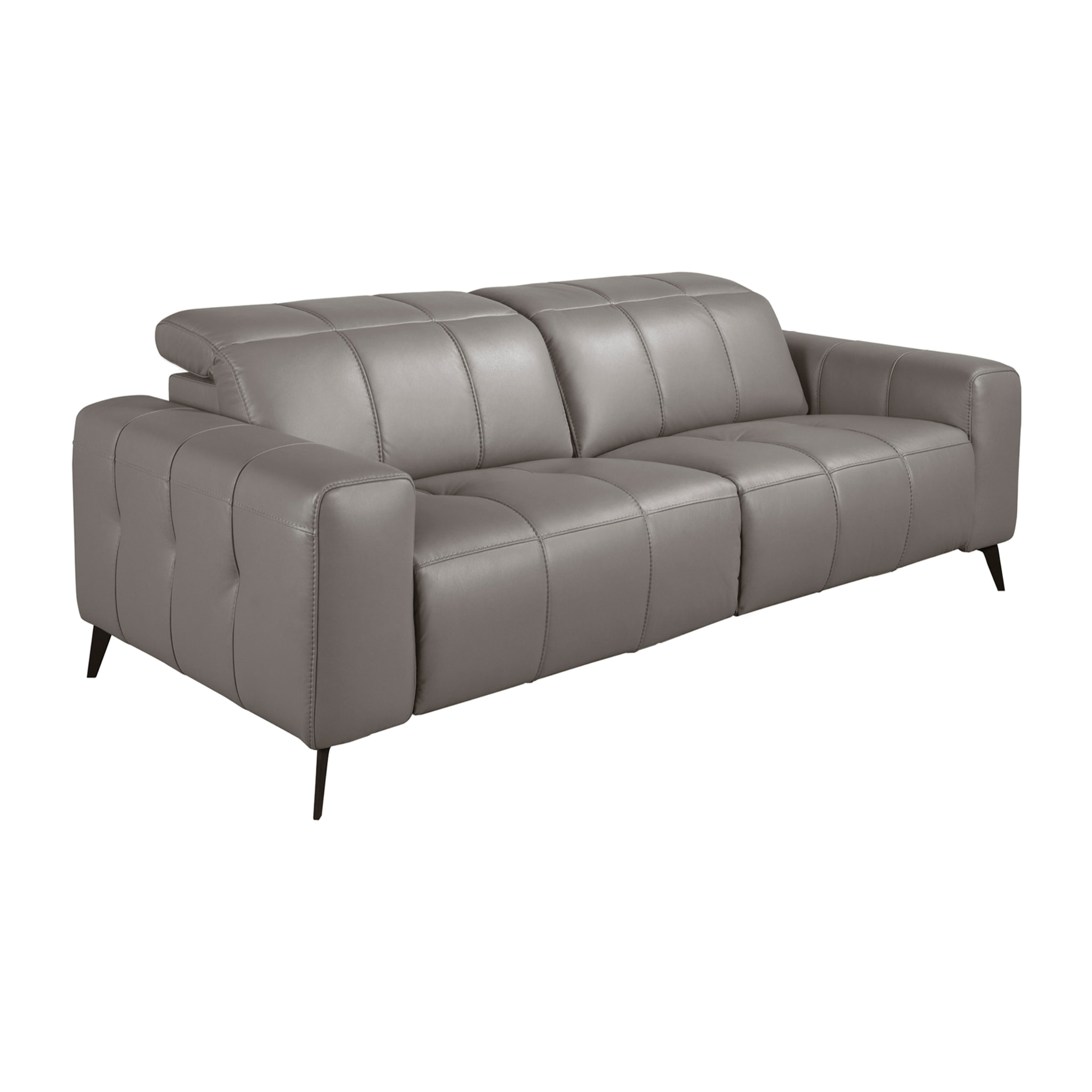 Sofá relax Angel Cerdá de 3 plazas tapizado en piel de origen vacuno en gris con reposacabezas patas de acero inoxidable en epoxi negro 2 sistemas de relax eléctrico 216x110x98cm