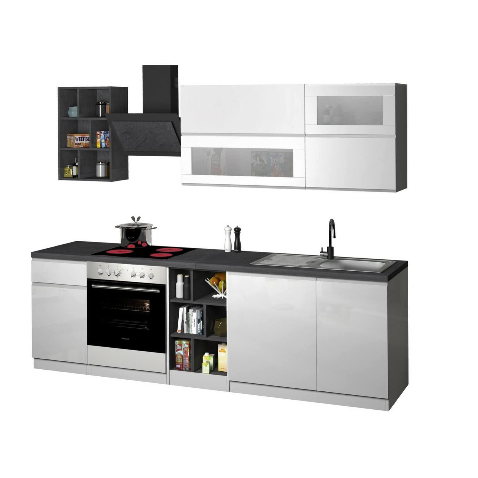 Cucina completa Dcastill, Cucina pratica e salvaspazio, Parete da cucina con 5 ante e 1 cassetto, 100% Made in Italy, 255x60h85 cm, Bianco lucido e Ardesia