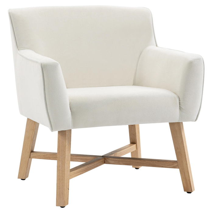 HOMCOM Butaca de Salón Tapizada en Terciopelo Sillón Relax Moderno con Asiento Reposabrazos Acolchados Patas de Madera y Base Cruzada para Dormitorio 67x65x74 cm Blanco