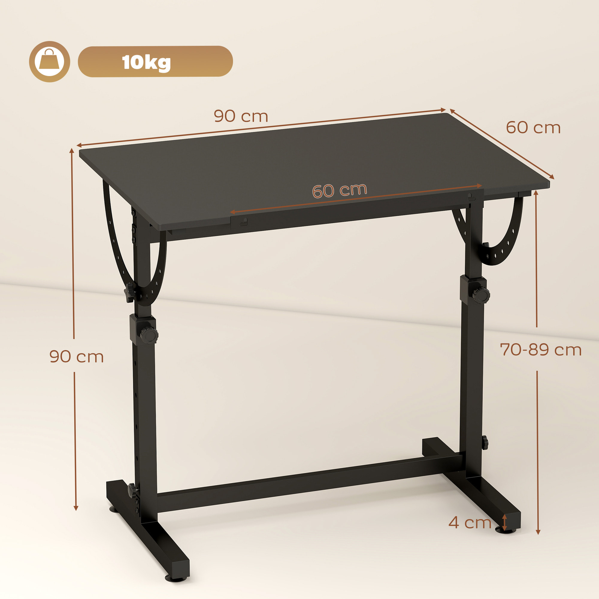 Table à dessin inclinable - bureau réglable H.70-90cm - noir