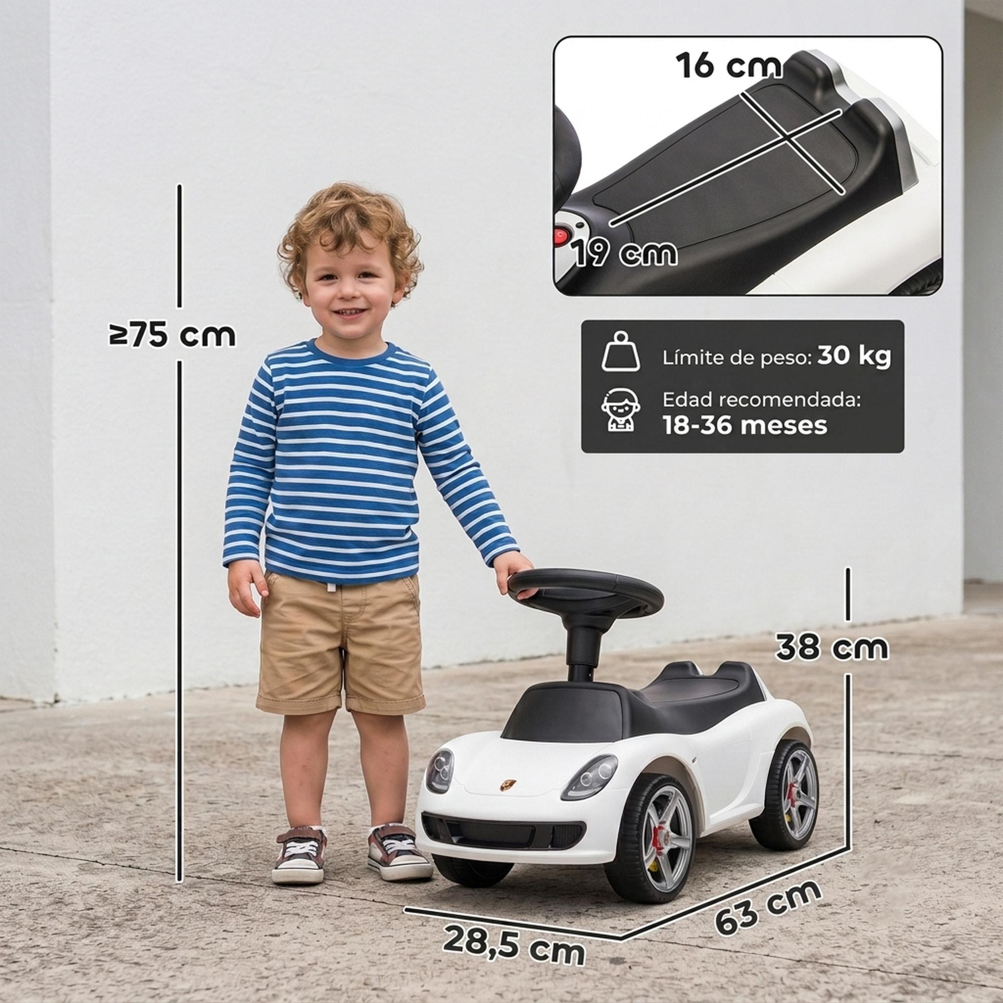 Correpasillos para Bebés de 18 a 36 Meses, Licencia de Porsche, Coche sin Pedales con 2 Faros, Bocina, Sonido de Arranque, para Interior y Exterior, 63x28,5x38 cm, Blanco