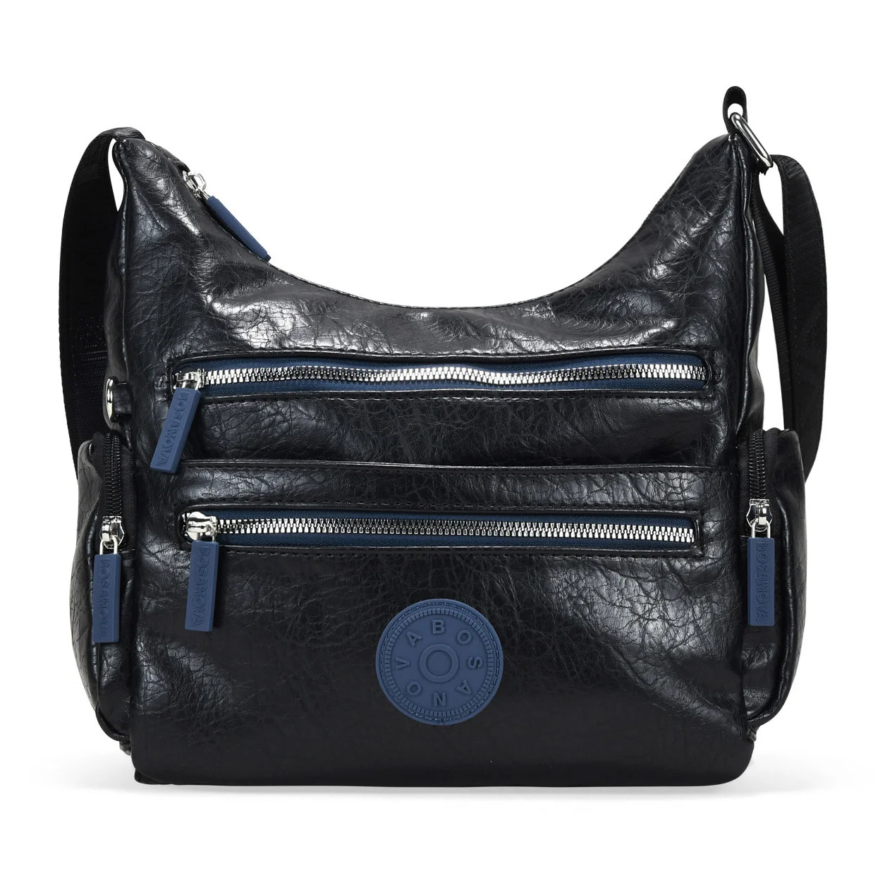 Bolso bandolera negro con cremalleras azules