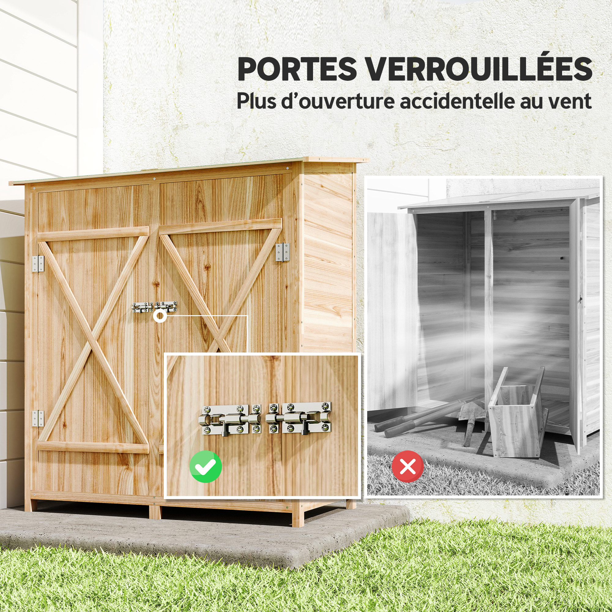 Armoire de jardin bois 2 portes 2 étagères toit bitumé 140 x 75 x 157 cm
