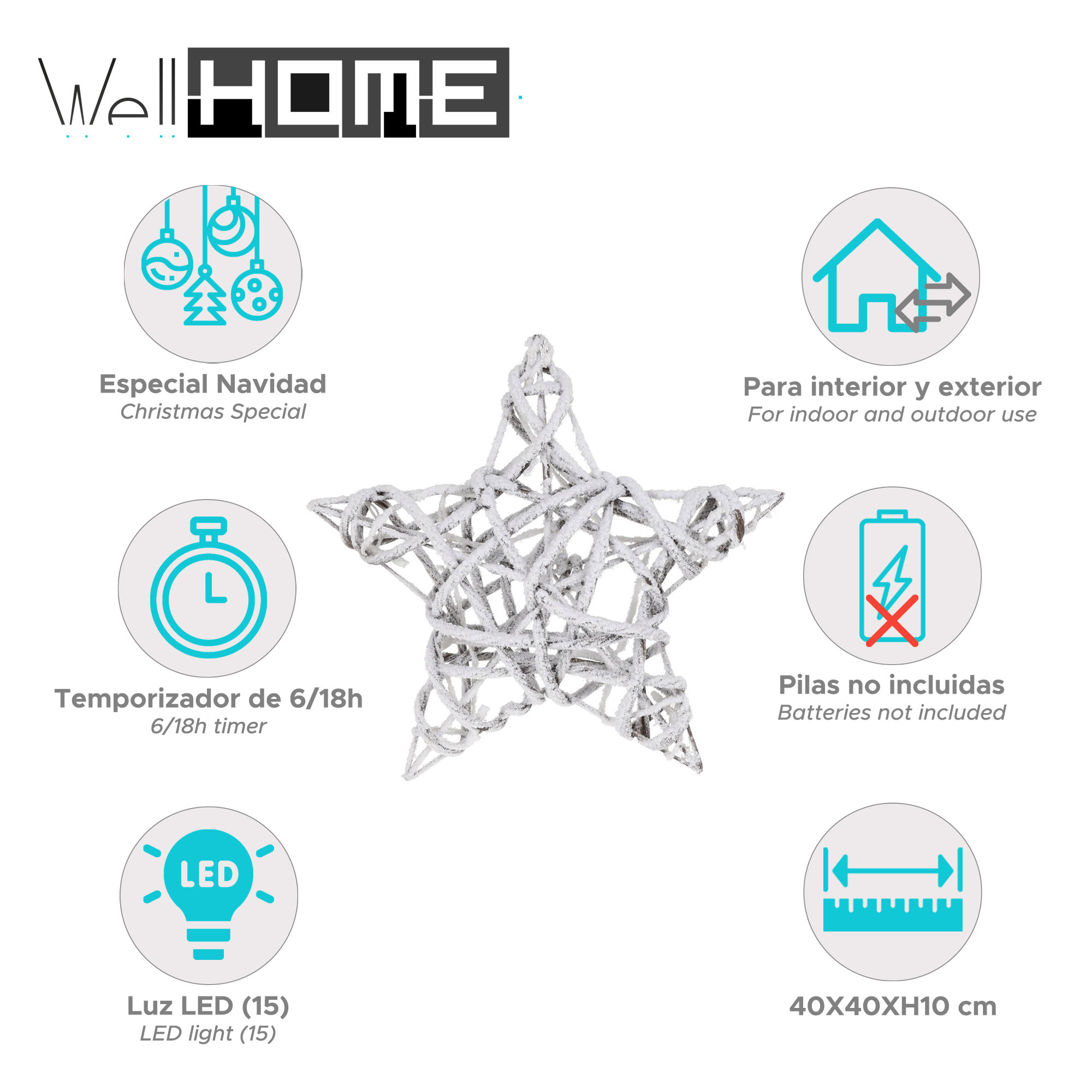 estrella navideña luminosa con 15 leds blancas cálidas 40x40x10cm