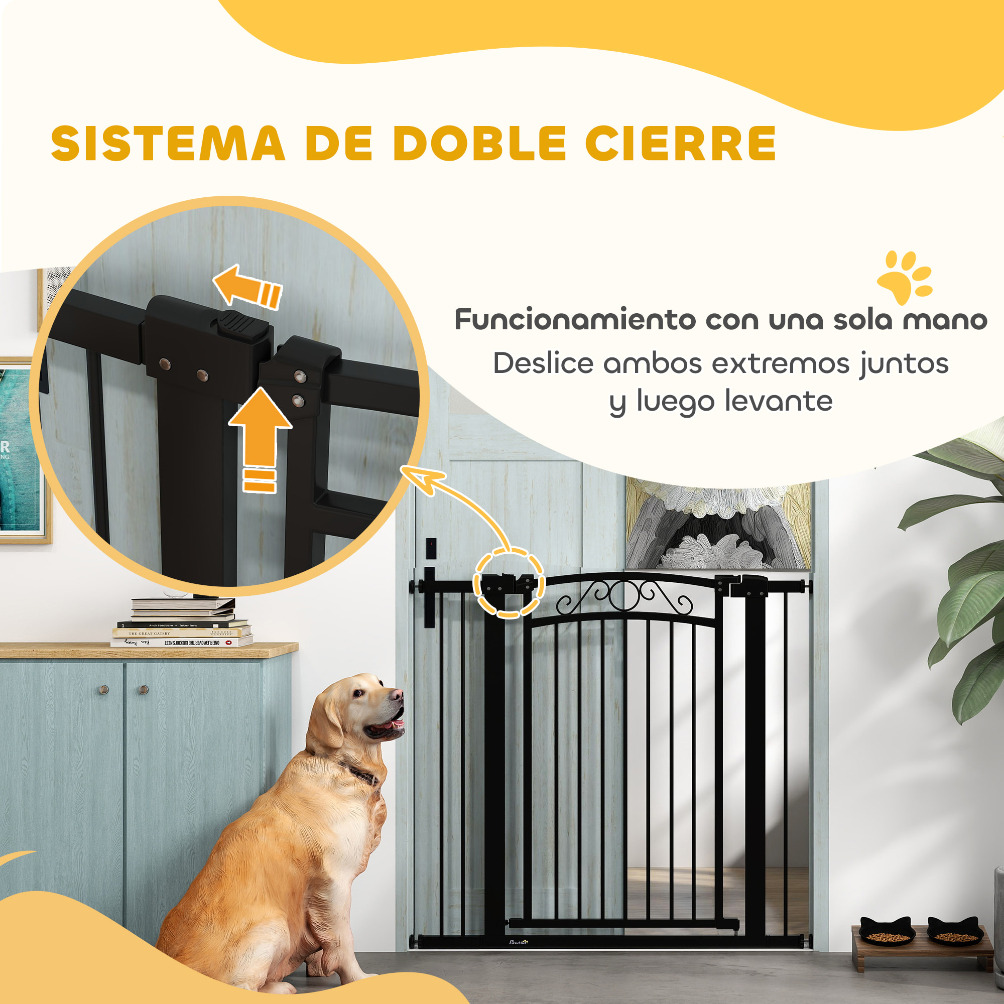 Barrera para Perros Puerta para Perros 76-104 cm Barrera de Seguridad para Mascotas con 2 Extensiones 7/14 cm y Doble Bloqueo para Escaleras y Puertas Negro